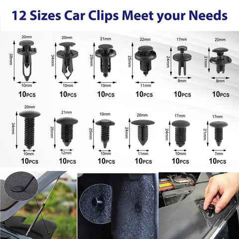 352-Piece Auto Trim Removal Tool Kit For Cars Trucks And More With Pry Tools including various car clip sizes and usage