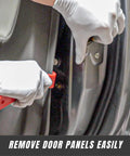 Person using 8 Piece Auto Trim Removal Tool Set Nylon Pry Tools No Scratch Car Interior Kit to remove door panel