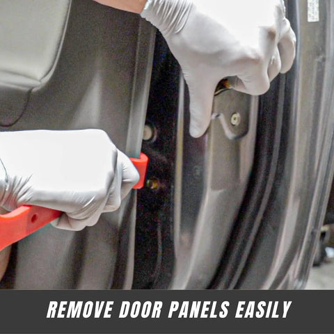 Person using 8 Piece Auto Trim Removal Tool Set Nylon Pry Tools No Scratch Car Interior Kit to remove door panel