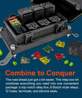 12V Auto Waterproof Fuse And Relay Box Kit with 6 Bosch style 5 pin relays, ATC ATO holders, fuses, terminals in rugged wiring bundle
