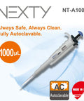 Autoclavable Micropipette for 100 to 1000 Microliters Range With Adjustable Volume and Triple Speed Turbo Dial, Made in Kobe, Japan