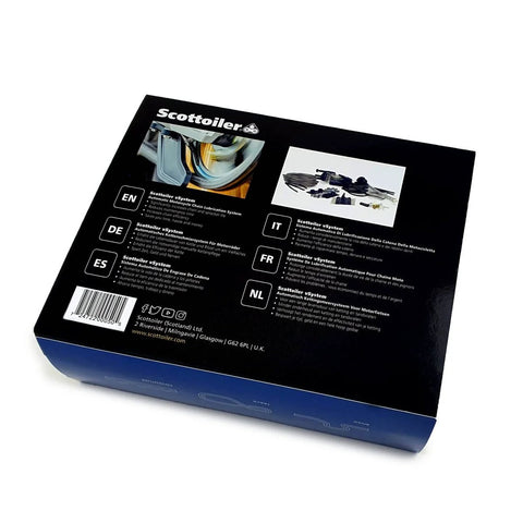 Back view of packaging for Essentials Micro vSystem Automatic Motorcycle Chain Lubrication Kit detailing product features and instructions.