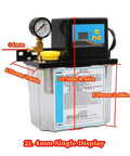 Automatic CNC Lubrication Pump 2L Electro Magnetic Oil Lubricator with AC110V operation, showing dimensions and control panel