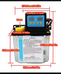 Automatic CNC Lubrication Pump System Kit front view with measuring dimensions, dual voltage, and 1L tank for CNC machine tools lathe.