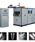 Automatic Plastic Cup Making Machine With PLC Touch Screen Control Thermoforming System For Disposable Bowls Lids And Plates Built For High Speed Efficient Production And Easy Customization shown with control panel and sample products