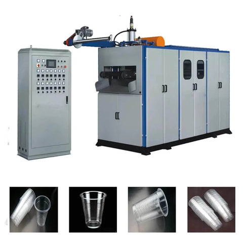 Automatic Plastic Cup Making Machine With PLC Touch Screen Control Thermoforming System For Disposable Bowls Lids And Plates Built For High Speed Efficient Production And Easy Customization shown with control panel and sample products