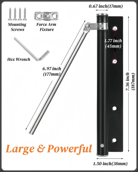 Automatic Door Closer for Home Easy to Install | Safety Spring Door Closers | Auto Soft Close to Convert Hinged Doors to Auto Self Closing | Adjustable Catch Speed | with Arm, Screw, Wrench shown with components and dimensions