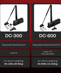 Comparison of DC-300 and DC-600 Automatic Adjustable Door Closers for Home - Soft Close, No Slam - Residential and Commercial Door Closer - Level 3 - for Doors Weighing 90-140 lbs - Hydraulic Door Spring - Black, showing adjustable speed, latch features, and weight capacity.
