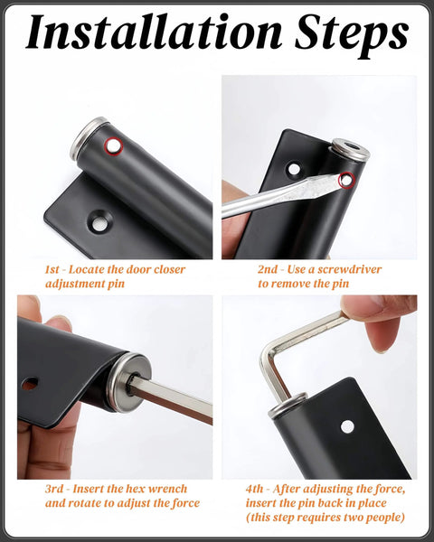 Automatic Door Closer for Home Easy to Install | Safety Spring Door Closers | Auto Soft Close to Convert Hinged Doors to Auto Self Closing | Adjustable Catch Speed | with Arm, Screw, Wrench installation steps
