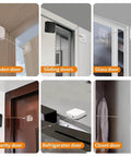 Punch-Free 1000g Automatic Screen Door Closer on various door types, showcasing installation on wood, glass, and sliding doors.