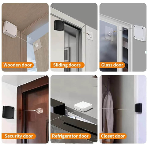 Punch-Free 1000g Automatic Screen Door Closer on various door types, showcasing installation on wood, glass, and sliding doors.