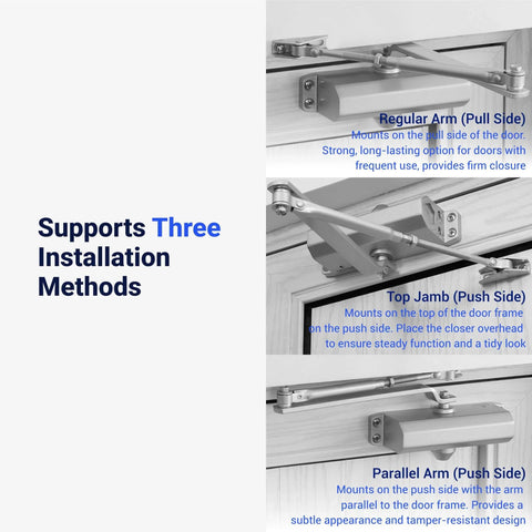 Automatic Door Closer (Silver), FS-1306 Residential Hydraulic Auto Door Closer installation methods illustration