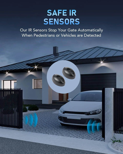 Surge in Automatic Sliding Gate Opener with Safety Sensor 280W Motor Kit for Driveway Gates up to 1400lb Includes Auto Close Feature Smart Protection System and 20ft Driven Chain for Home Use, featuring secure IR sensors near driveway gate with car.