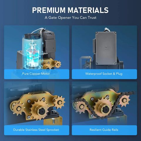 APP Smart Automatic Sliding Gate Opener Kit with 280W Motor features pure copper motor, waterproof socket, stainless steel sprocket