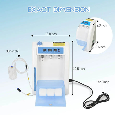 Automatic Handpiece Oil Lubrication System exact dimensions and features, includes ports, power cord, connects to air compressors for maintenance