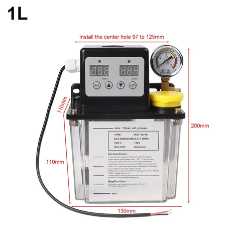 Front view of automatic lubricating oil pump for CNC machinery. Electronic display, black transparent housing, 1L capacity visible.