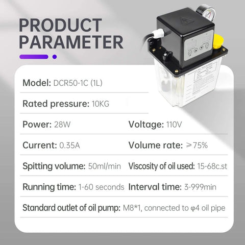 Product parameters for Automatic Lubricating Oil Pump 110V 1L With Electromagnetic Lubrication System, includes digital control, efficiency details.