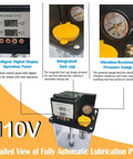Image of 2L 110V Automatic Lubrication Pump with Dual Digital Display Gear Oiler features, including operation panel, fuel cap, and gauge.
