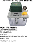 Electric Automatic Lubrication Pump 220V 3L Gear Pump For Machine Tools Printing And Textiles Self Priming High Volume 20 to 2000 CST
