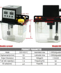 Automatic Lubrication Pump Oil System 1L 2L AC110V 220V with dual display, electromagnetic output, shown with dimensions and specifications.