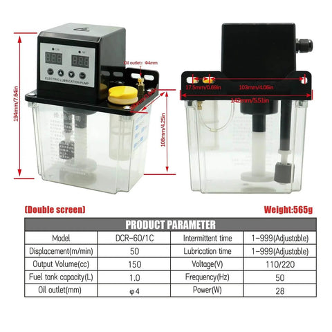 Automatic Lubrication Pump Oil System 1L 2L AC110V 220V with dual display, electromagnetic output, shown with dimensions and specifications.