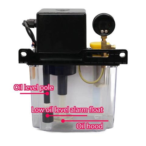 Front view of Lubrication Pump System Pro Grade, 1L Or 2L Capacity, 6mm Fittings, Automatic Electric Lubrication Oil Pump For CNC Machine Tool, AC 110V Or 220V Compatible, With Gauge, showing oil level features.