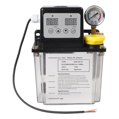 Heavy Duty Automatic Lubrication Pump For CNC Machines With Alloy Gear Electromagnetic Drive, 110V, 1L Reservoir, Black Housing