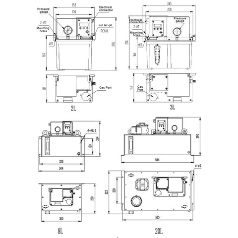 Technical diagram of Automatic Lubrication System for CNC Machines with 24V Electric Oil Pump, dimensions and connections for milling.