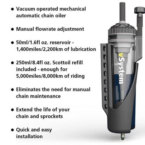 Vsystem Automatic Motorcycle Chain Lubrication System Easy Fit showing oil reservoir and manual flow adjustment features
