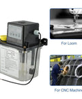 Automatic Lubricating Oil Pump With Alloy Gear Pump For CNC Machines 110V, display panel, transparent reservoir, industrial lubrication.
