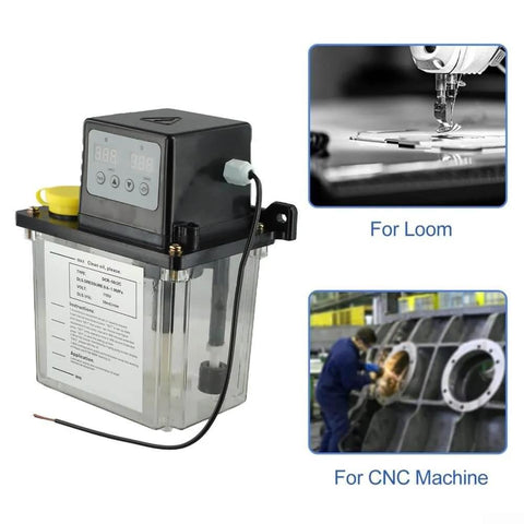 Automatic Lubricating Oil Pump With Alloy Gear Pump For CNC Machines 110V, display panel, transparent reservoir, industrial lubrication.