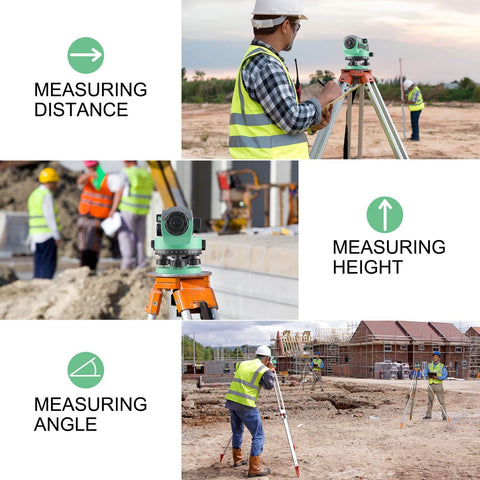 Professional automatic optical level with 36x magnification used on construction sites for measuring height, distance, and angle.