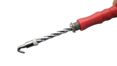 Close-up of Heavy Duty Automatic Rebar Wire Twister Tool with Galvanized Steel Construction, rubber handle, and red finish.