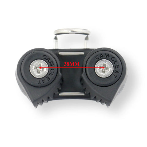 Front view: marine rope management cleat with dual cam-cleats, black nylon body.