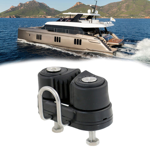 Close-up of marine rope management clamp by Amazon with nylon components and metal U-bolt