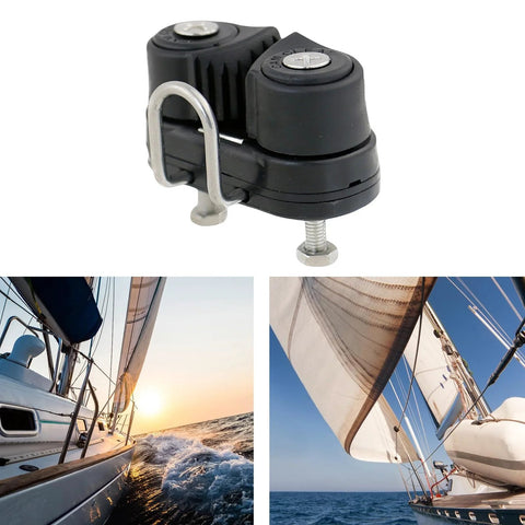 Marine rope management clamp with nylon components, black body and silver U-bolt; Amazon Tools for sailing boats.