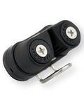 Rope cleat clamp, marine-grade black nylon body with dual screw caps and metal U-clip