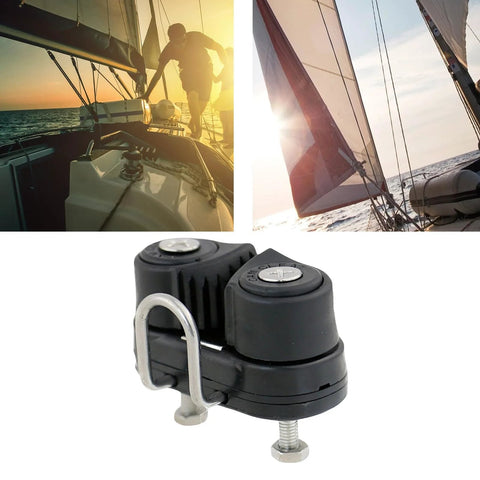 Close-up of a black nylon marine-grade rope management clamp with metal U-bracket and mounting bolt
