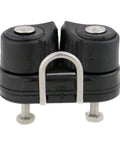Dual-sheave rope management clamp in black plastic with metal U-bracket and screws.