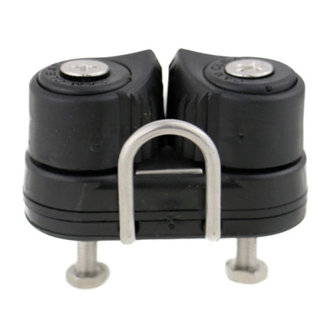 Dual-sheave rope management clamp in black plastic with metal U-bracket and screws.