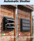 8 Inch Shutter Exhaust Fan With 760 CFM High Speed Wall Mounted Ventilation For Shed Garage Greenhouse Attic Basement Chicken Coop Generator Room Killer Quiet 40 DB ETL Listed Black installed on wooden wall, automatic shutter open and closed.