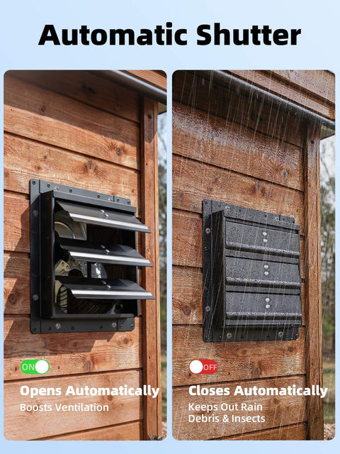8 Inch Shutter Exhaust Fan With 760 CFM High Speed Wall Mounted Ventilation For Shed Garage Greenhouse Attic Basement Chicken Coop Generator Room Killer Quiet 40 DB ETL Listed Black installed on wooden wall, automatic shutter open and closed.