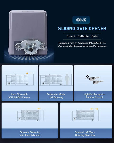 Automatic Sliding Gate Opener with Safety Sensor 280W Motor Kit for Driveway Gates up to 1400lb features and controls description
