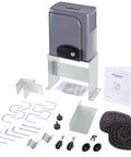 Automatic Sliding Gate Opener with Safety Sensor 280W Motor Kit for Driveway Gates up to 1400lb and 20ft driven chain, components laid out