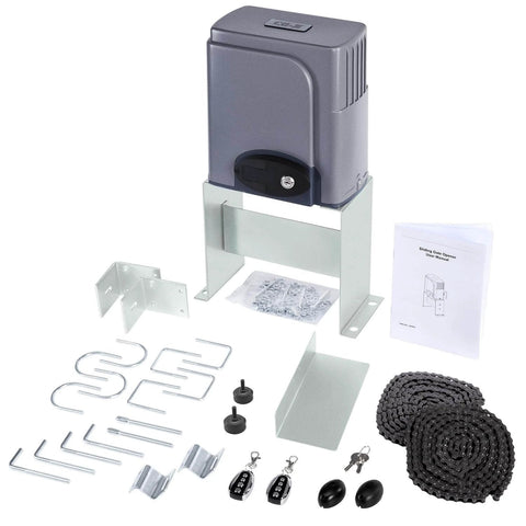 Automatic Sliding Gate Opener with Safety Sensor 280W Motor Kit for Driveway Gates up to 1400lb and 20ft driven chain, components laid out