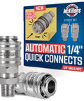 Stainless Steel Quarter Inch Automatic Quick Connect Fittings For Pressure Washer Gun Couplers NPT Male Quick Connect High Strength Easy Attach And Detach Designed For Pro Level Pressure Washer Upgrades Pack Of 2 shown with packaging