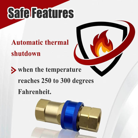Three Quarter Inch Quick Disconnect Gas Fitting With Automatic Thermal Shutoff For Gas Appliances, brass connector in foreground.