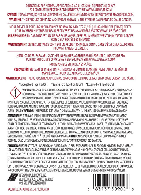 Rear label of Automatic Transmission Fluid Protectant 32 Oz Bottle with usage directions and safety warnings in multiple languages.