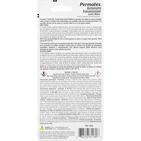 Back packaging of Automatic Transmission RTV Sealant, 3 Oz Tube, Gray, showing instructions and safety information.