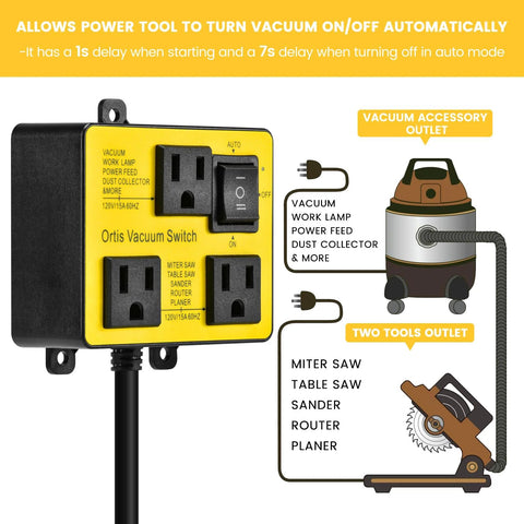 Automatic Vacuum Switch For Power Tools With Dual Tool Outlets And Auto On Off Delay, featuring two outlets and labeled controls.